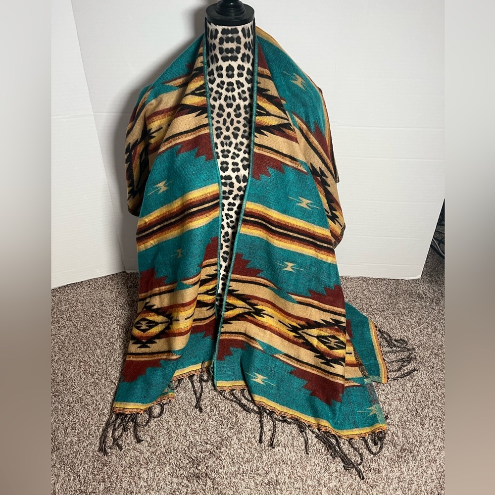 El Paso saddle blanket company Aztec poncho shawl wrap southwest teal tan